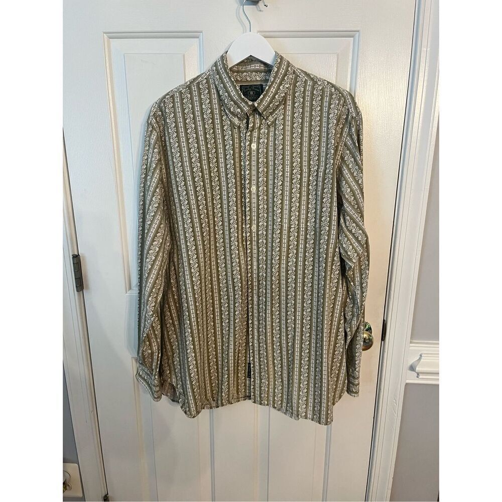 Lucky Brand Olive & Cream Floral Stripe Button Down Shirt sz XL EUC